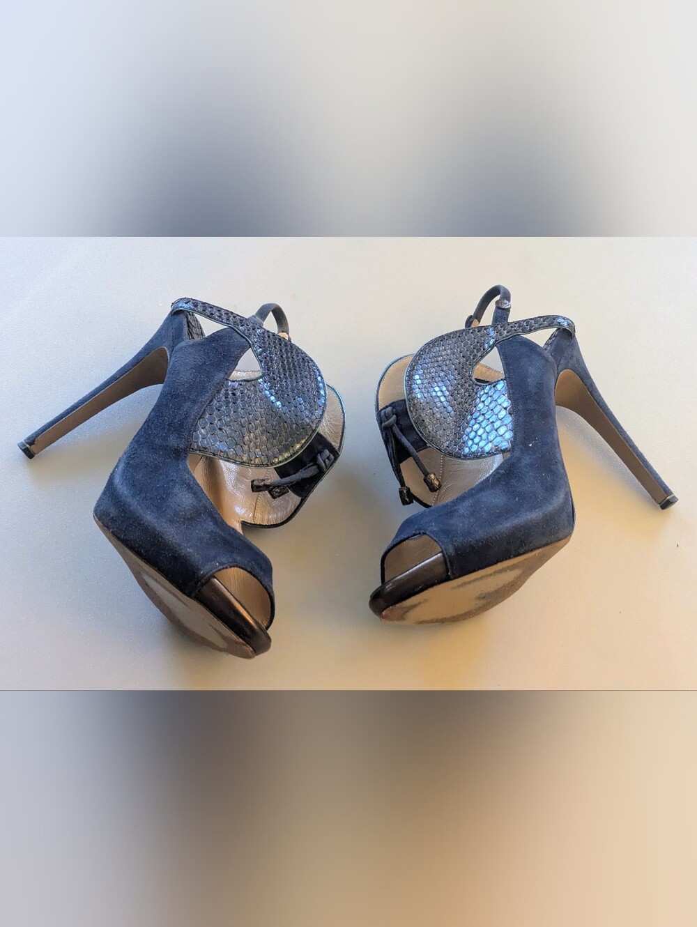 Nicholas Kirkwood Blue Suede & Python Embossed Leather Cutout Slingback Sandal